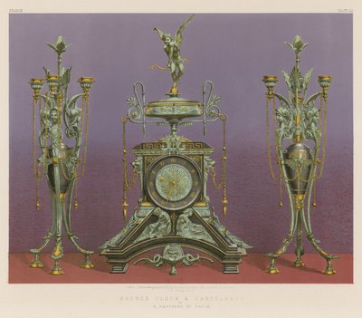 Bronz óra és kandeláber a párizsi M Marchand-tól (chromolitho) alkotó: English School
