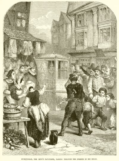 Buckingham, a király kedvence, szedánjával halad az utcákon alkotó: English School