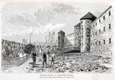 Temető a Millbank börtönben, Henry Mayhew (1812-87) és John Binny "A londoni bűnügyi börtönök és a börtönélet színterei" című filmből alkotó: English School