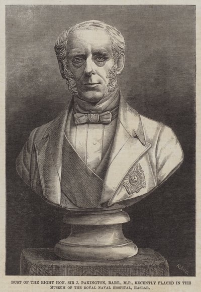 Sir J Pakington, Baronet, parlamenti képviselő mellszobra, amelyet a közelmúltban a Haslar-i Királyi Tengerészeti Kórház Múzeumában helyeztek el (metszet) alkotó: English School