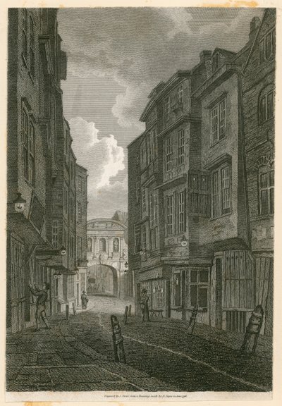 Butcher Row, a Temple Bar felől nézve, Edward Dayes 1796. június 9-i rajza alapján alkotó: English School