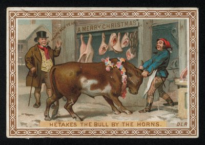 Hentes húz egy bikát a boltjába, karácsonyi üdvözlőlap. (chromolitho) alkotó: English School