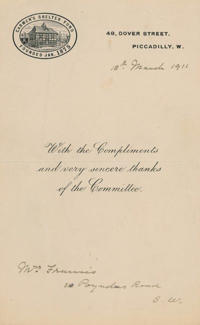 Cabmens Shelter Fun, alapítva 1875 januárjában. Levél alkotó: English School