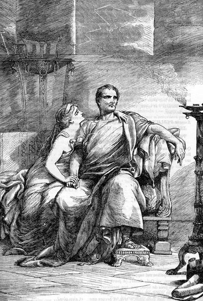 Calpurnia (Calpurnia Pisonis) és Caesar – Jules Cesar – Julius Caesar tragédiája – Illusztráció a „” Completes de William Shakespeare”-ben” 1866 – A kiadás illusztrációi és általános formája Cassell illusztrált Shakespeare kocsmájából származik. alkotó: English School