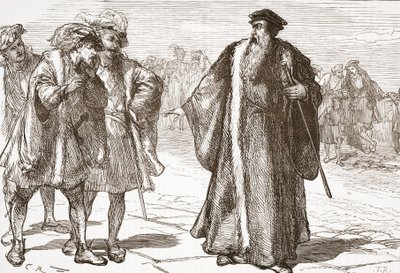 Kálvint megsértették a Libertinusok a Rhone-hídon, illusztráció: James Aitken Wylie (1808-1890) A protestantizmus története című könyvéből, pub. 1878 alkotó: English School