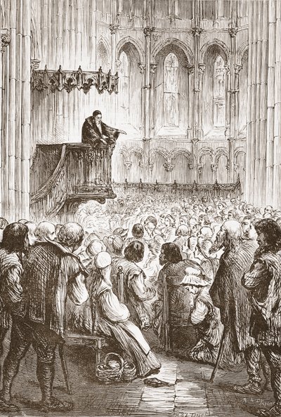 Kálvin búcsúbeszédét hirdeti a száműzetés reményében, illusztráció: James Aitken Wylie (1808-1890) A protestantizmus története című könyvéből, pub. 1878 alkotó: English School