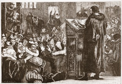 Kálvin megfenyegetett a rive-i templomban, illusztrációja James Aitken Wylie (1808-1890) The History of Protestantism című könyvéből, pub. 1878 alkotó: English School