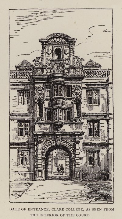 Cambridge: Bejárati kapu, Clare College, az udvar belsejéből nézve (rézkarc) alkotó: English School
