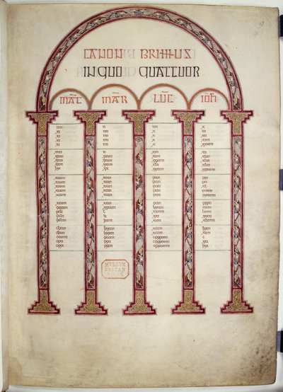 Canon Tables, illusztráció a „Lindisfarne Gospels”-ból, 710-21 (vellum) alkotó: English School