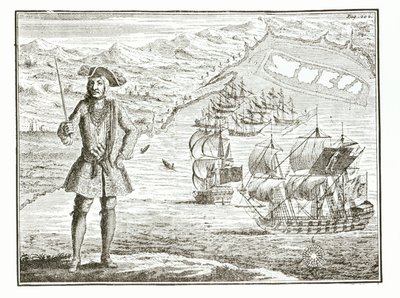 Bartholomew Roberts kapitány (1682-1722) két hajóval, a Royal Fortune-nal és a Rangerrel elhajózik a Whydah Roadon Guiney partjainál, 172. január 11-én, A rablások általános története és a Mu című filmből. alkotó: English School