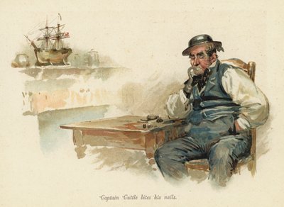 Cuttle kapitány rágja a körmét (chromolitho) alkotó: English School