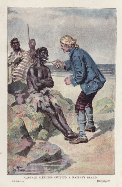Flinders kapitány bennszülött szakállát vágja (színes litó) alkotó: English School