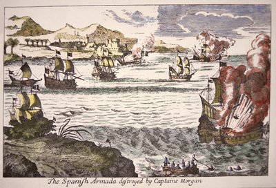 Morgan kapitány legyőzi a Maracaibo-tó torkolatát elzáró spanyol hadihajókat 1669-ben (színes metszet) alkotó: English School
