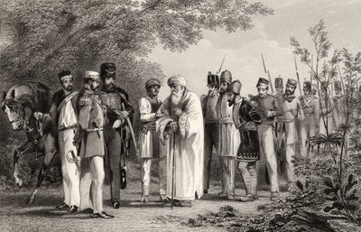 Delhi királyának elfogása Hodson kapitánytól, az 1858-ban megjelent „Az indiai lázadás története” c. alkotó: English School