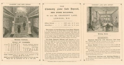 Werbekarte für die Chancery Lane Safe Deposit, 61-62 Chancery Lane, London von English School