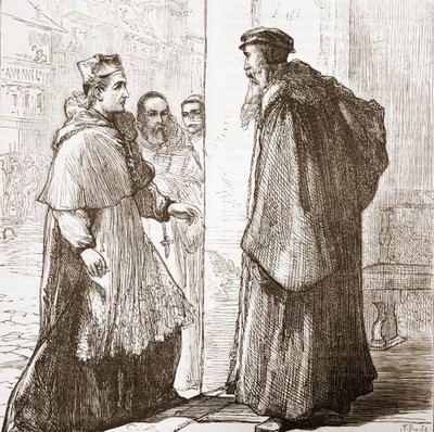 Sadoleto bíboros meglátogatja Calvint, illusztrációja James Aitken Wylie (1808-1890) A protestantizmus története című könyvéből, pub. 1878 alkotó: English School