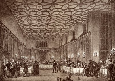 Wolsey bíboros megvendégeli a francia nagyköveteket a Hampton Court Palace-ban, Ernest Law „History of Hampton Court Palace in Tudor Times” című művéből, London 1885-ben. alkotó: English School