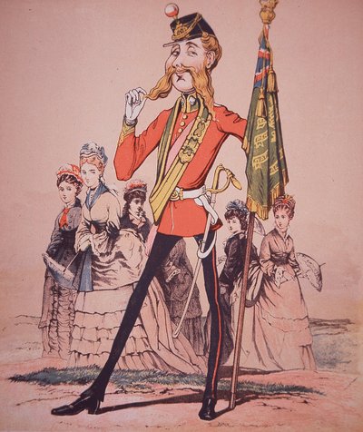 Karikatúra a gyalogsági alispánról, aki ezred színeit tartja, Seccombe őrnagy: Army and Navy Drolleries alkotó: English School