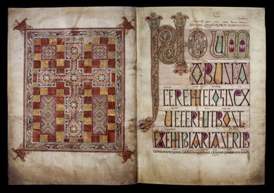 Szőnyeglap és Incipit lap, amely Szent Jeromos levelét vezeti be Damasus pápához, Cotton Nero D. IV, f.2v és f.3r a Lindisfarne-i evangéliumokból, 710-721 (pergamen). alkotó: English School