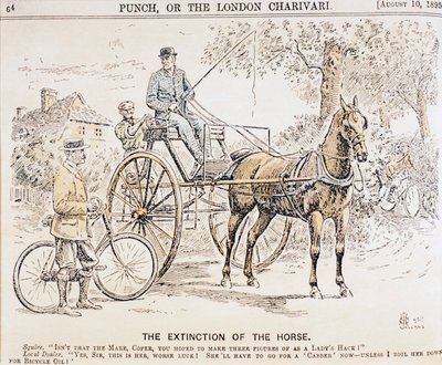 Karikatúra a kerékpárok és a motorizált közlekedés megjelenéséről és a lóvontatású közlekedés megszűnéséről, a Punch magazin 1895. augusztus 10-i számából. alkotó: English School