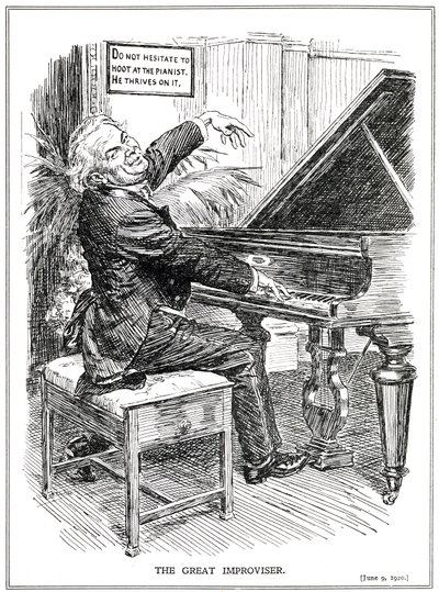 Rajzfilm lámpaláz LLoyd George, mint a Nagy Improvizáló vagy az Improvizáció-Tóriák vezetője, 1920. június alkotó: English School