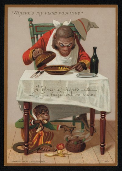 Rajzfilm a majmok és a szilva puding, újévi üdvözlőlap. (chromolitho) alkotó: English School