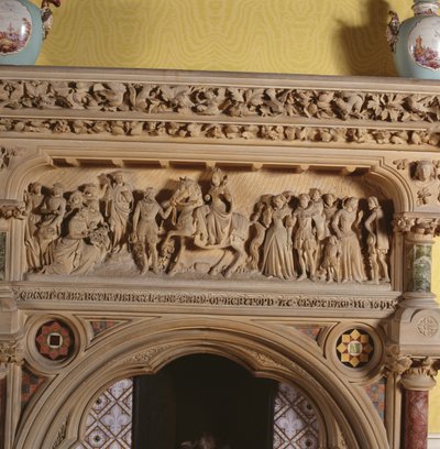 Faragott kandalló a szalonban, I. Erzsébet ábrázolásával, amint Hereford grófja köszöntötte 1591-ben, XVI. alkotó: English School