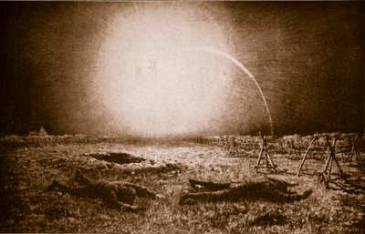 Egy német fénytermelő lövedék csillogásába esett: Egy brit járőr veszélyben a lövészárkok között, 1914-1919 alkotó: English School