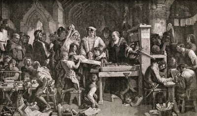 Caxton (1422-1491 körül) IV. Edward királynak készült nyomtatványának mintáit mutatja a westminsteri Almonryban, 1858 alkotó: English School