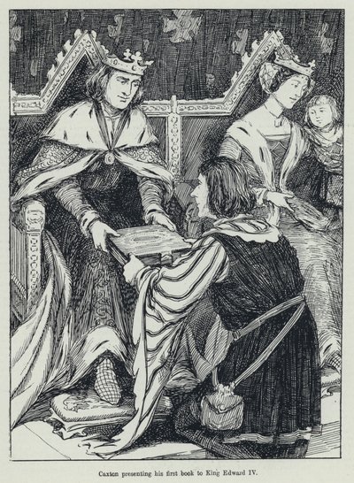 Caxton bemutatja első könyvét IV. Edward királynak (litho) alkotó: English School