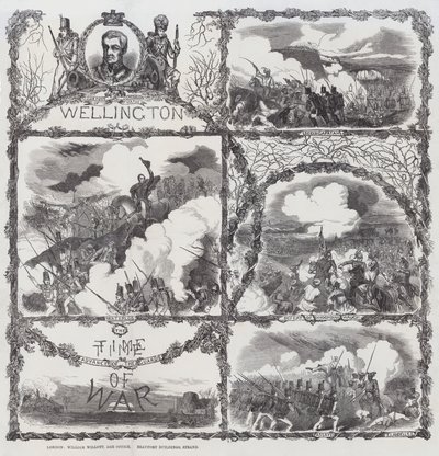Wellington herceg győzelmeinek ünneplése Seringapatam ostrománál (1799), Dhondia Wagh legyőzése (1800), az assaye-i csata (1803) és a waterloo-i csata (1815) (metszet). alkotó: English School