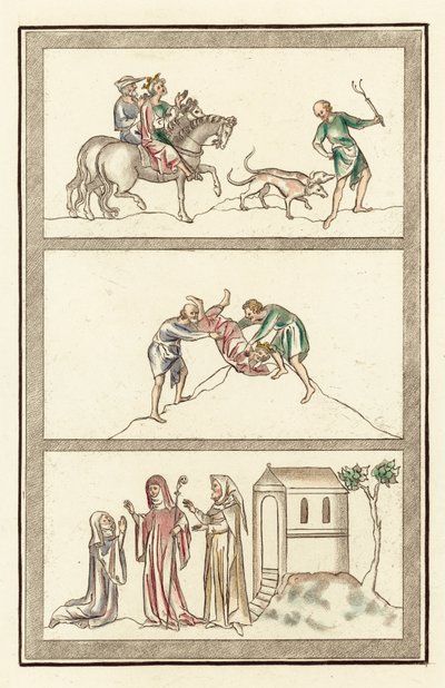 Cenelm, Mercia királya, vadászat, király, apátnő, apáca és anchorit meggyilkolása (színes metszet) alkotó: English School
