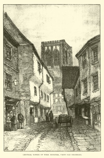 York Minster központi tornya, az Old Shambles-től alkotó: English School