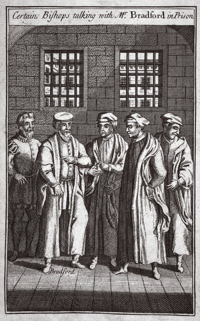 Egyes püspökök Bradford úrral beszélgetnek a börtönben, illusztráció a Foxes Martyrs c.1703-ból alkotó: English School