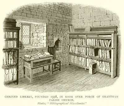 Láncolt könyvtár, amelyet 1598-ban alapítottak, a Grantham plébániatemplom tornáca feletti szobában alkotó: English School