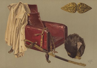 Wellington hercegének tábornagy széke és köpenye, medvebőrrel és a gránátosőrök kardjával (chromolitho) alkotó: English School
