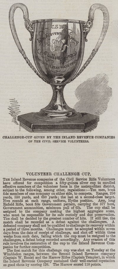A Közszolgálati Önkéntesek Inland Revenue Companiesa által adott Challenge-Cup (metszet) alkotó: English School