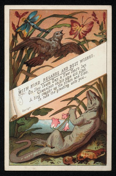 Kaméleon verssel és egy madárral, újévi üdvözlőlap. (chromolitho) alkotó: English School
