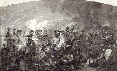 Lord Somerset Waterloo-i Nehézdandárjának rohama és a francia hadsereg teljes megsemmisítése, illusztráció a „Cassell illusztrált angliai történelméből” alkotó: English School