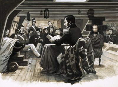 Charles Darwin a Galápagos-szigetek felé hajózik alkotó: English School