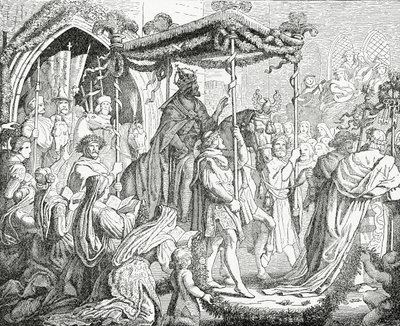 IV. Károly, római római császár, V. Urbán pápánál Avignonban 1365-ben, 1882-ben alkotó: English School