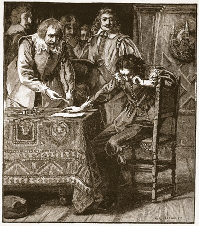 Charles aláírja a Straffords Attainder jóváhagyó bizottságát, illusztráció a Cassells Illustrated History of Englandből (szépia fotó) alkotó: English School