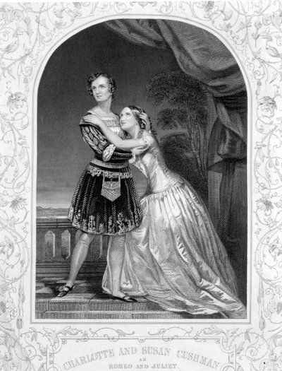 Charlotte és Susan Cushman mint Rómeó és Júlia, a Rómeó és Júlia III. felvonása 5. jelenete, egy dagerrotípiából, kocsmából. szerző: John Tallis & Co. alkotó: English School