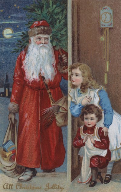 Mikulásváró gyerekek, karácsonyi üdvözlőlap (chromolitho) alkotó: English School