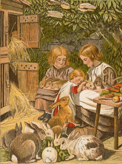 Gyermekek házinyulakkal (színes litográfia) alkotó: English School