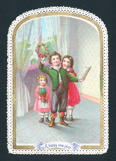 Gyermekek koszorúval és virágokkal, újévi kártya alkotó: English School