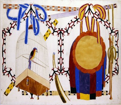 Chinoiserie dizájn madárkalitkával és hangszerekkel (akvarell nyomtatott körvonalon papírra) alkotó: English School