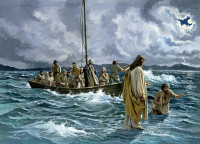 Krisztus sétál a Galileai-tengeren (gouache, papír) alkotó: English School