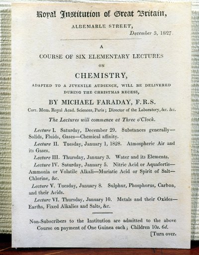 Michael Faraday (1778-1829) karácsonyi tájékoztató hat elemi kémia előadásához, 1827. december 3. alkotó: English School