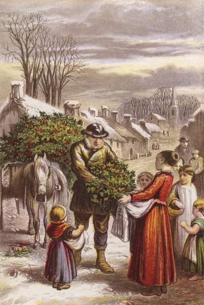 Karácsonykor - magyal árusítása egy hóval borított faluban (színes metszet) alkotó: English School